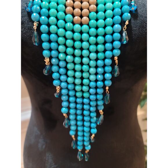 Womens Statement Beaded Necklace Brown Turquoise Layered Bib Design Lobster Lock - Picture 3 of 7
